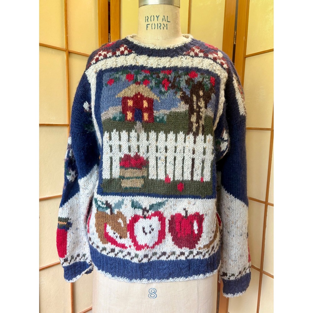 Woolrich Handknit Apple Orchard Farm House Intarsia Sweater Navy Blue Womens S